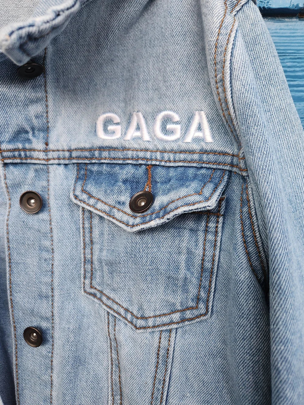 Lady Gaga Light Blue Denim Jean Jacket - GAGA Embroidered - Picture 5 of 8
